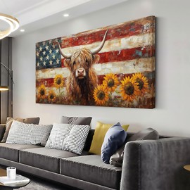 LASMOND LASMOND Country Highland Cow Wall Art for Living Room Rustic Retro Vintage American Flag Sunflower Canvas Painting Prints Highland Cattle Artwork Farmhouse Bedroom Office Decor (30x16 Inches)