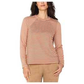 Liverpool Los Angeles Women's Long Sleeve Crew Neck Knit Top w/Seaming, Ginger Spice Cream Stripe, Medium