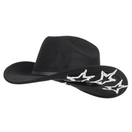 Western Cowboy Hat for Men Women Classic Roll Up Fedora Hat with Buckle Belt(Size:Medium), Black With Six Star, M