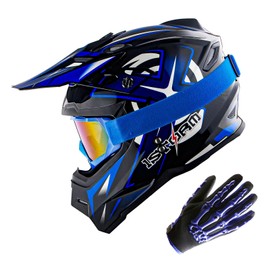 1Storm Youth Kids Motocross Helmet BMX MX Bike Helmet Teenager Racing Style; Racing Blue + Goggles + Skeleton Glove Bundle