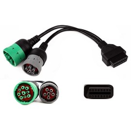 OBD to Type 2 Green9p J1939 and 6p J1708 Split Y Cable for Diesel Truck Diagnostics