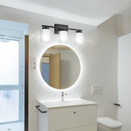 VINLUZ Black Bathroom Vanity Light,3-Light Modern Wall Sconce Lighting with Milky White Frosted Glass Shades Bath Vintage Wall Mounted Lamps for Mirror, Living Room