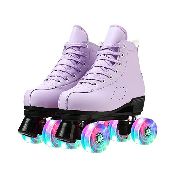 Women Roller Skates PU Leather High-top Roller Skates Four-Wheel Roller Skates Shiny Roller Skates for Unisex Kids and Adults (Purple Flash,40)