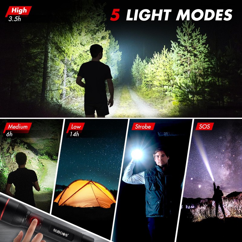 SUBOOS X50 Pro LED Rechargeable Flashlight, Super Bright 15000 Lux,