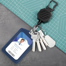 DELSWIN Genuine Leather ID Badge Holder with Retractable Clip, Heavy Duty Retractable Keychain with ID Card Holder, 31.5" Retractable Cord (1 Badge Reel, 2 Holders)