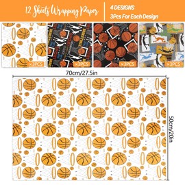 12 Sheets Basketball Wrapping Paper 27" x 20" Gift Paper Folded Cartoon Wrapping Paper Set Birthday Gift Wrap Paper for Boys Men Back to School Birthday Holiday Party Decor Gift