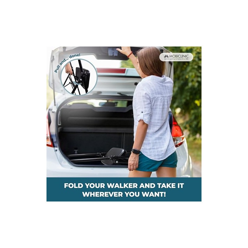 Mobiclinic®, Folding Walker, Adjustable, Ergonomic Grips, Non-Slip Ferrules, with Seat