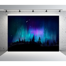 CORFOTO Fabric 7x5ft Forest Northern Lights Backdrop Night Sky Pine Trees Aurora Borealis Photography Background Norway Aurora Wallpaper Northern Lights Theme Decor Borealis Photo Booth Studio Props