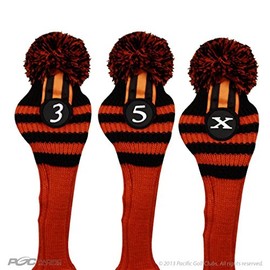 Pacific Golf Clubs Head Covers 3 5 X Black and Orange Knit Retro Old School Vintage Stripe Pom Pom Throwback Classic