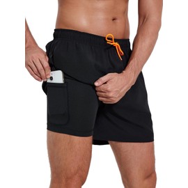 Roxdme Mens Swim Trunks with Compression Liner Quick Dry Beach Shorts with Zipper Pockets Black
