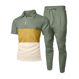 UOUA Mens Sweat Suits Set Tracksuit 2 Piece Outfits Short Sleeve Casual Sweatshirt & Loose Jogging Pants Polo Track Suit Loungewear Athletic Sweatsuit Yellow Green L