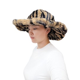 Lina & Lily Oversized Women's Winter Bucket Hat Faux Fur Wide Floppy Brim (Tiger Brown Black)