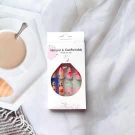 Flower Press on Nails Almond Fake Nails Colorful 5D Flowers with Rhinestones Golden Beads Design False Nails Reusable French Tip Glue on Nails Spring Summer Stick on Nails for Women DIY Manicure