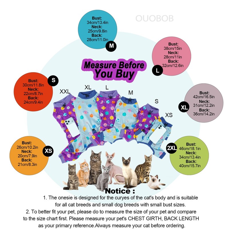 OUOBOB Sticky Hair Cat Clothes, Anti-Shedding Cat Pajamas, Purple S