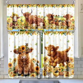 Breling 3 Pcs Sunflower Highland Cow Kitchen Curtains Valances and Tiers Set for Windows Spring Farmhouse Highland Cow Sunflower Curtains Decor for Summer Bedroom Window Decor Party Favor Supplies