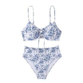 Floerns Women's 2 Piece Bikini Set Floral Tie Front High Waisted Bathing Suit Blue and White Large