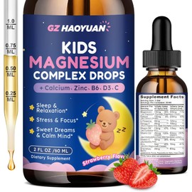 Kids Magnesium Liquid Drops - Magnesium Glycinate Drops for Kids, Citrate Liquid with Calcium, Omega-3, L-theanine, Zinc, Vitamin B6 D3 C for Sleep, Relaxation, Calm & Focus, Strawberry Flavor,2 Fl Oz