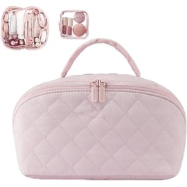 Bolsa de Maquillaje de Viaje, Neceser de Maquillaje para Mujer, Organizador de Cosméticos Acolchados e Impermeables, Bolsa de Aseo, Gran Capacidad con Compartimentos, Rosa