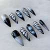 [GLORS] Stiletto Press-On Nails, Black and Silver Butterfly Design, 10