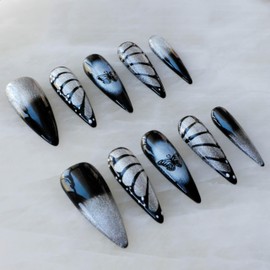 [GLORS] Stiletto Press-On Nails, Black and Silver Butterfly Design, 10 Pieces (XS, LS)