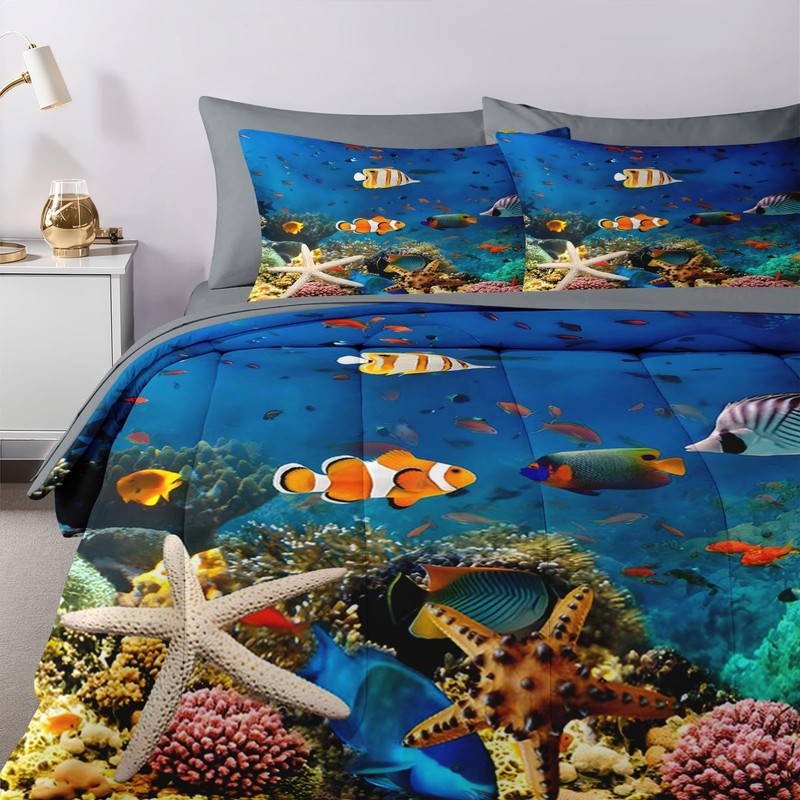 Queen Comforter Set with Sheets, 7 Pieces Underwater Sea Bedding