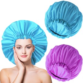 2 PCS Large Shower Cap for Braids - Waterproof Shower Cap for Women, Reusable XL Plastic Shower Caps Jumbo Bath Bonnet for Long Thick Curly Hair, Locs, Twist Braids (Blue&Purple)