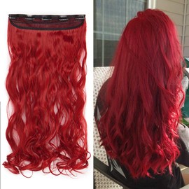 Silk-co 17inch Clip In Hair Extensions Curly 3/4 Full Head One Piece 5 Clips Hairpieces Wavy Synthetic - Red