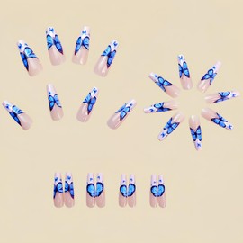 Long Square Press on Nails White French Tip Fake Nails Glossy Spring Stick on Nails with Designs Blue Butterfly Glue on Nails Reusable Acrylic Nails False Nails for Women Summer 24Pcs