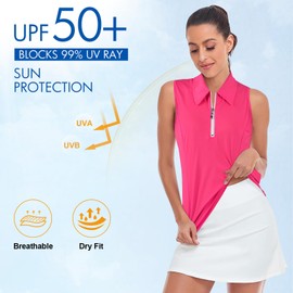 Sleeveless Tops for Women Sun Protection Golf Shirts 1/4 Zip Up Stretchy Quick Dry Collared Workout Tanks for Running, Climbing, Hiking, Working, Daily. Neon Pink, Small