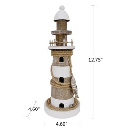 Morning View Wood Lighthouse Decor Table Nautical Lighted Light House Beach Coastal Ocean Seaside Marine Themed Home Decorations Lake House Bathroom Shelf Table Centerpiece 12.75 Inch Tall (White)
