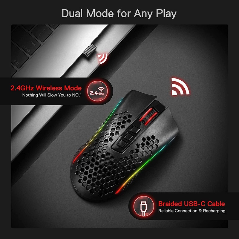 Redragon Mouse inalambrico Gamer Ligero RGB Storm Pro conexión 2.4