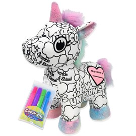 PLUSHOLOGY Color Me Plush Unicorn Stuffed Animal; Color and Wash Over and Over Plush for Kids 3 Years Old to Adults; Child-Safe Washable Markers Included (8.5" Tall When Seated)
