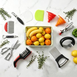 13-Piece Kitchen Gadget Set (Includes Storage Basket) — Features Kitchen Shears, Garlic Press, Knife Sharpener, Julienne Peeler, Standard Peeler, Anti-Scald Tongs (13 PCS)