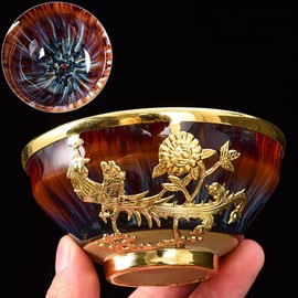 Tea Cup Tenmoku Tea Cup Hand Inlaid Gold Dragon and Phoenix Cup, Kiln Transformation Colorful Master Cup, Kung Fu Tea Bowl Sake Teaware, Gift Box Packaging (Color : Phoenix, Size : 3.8 oz)