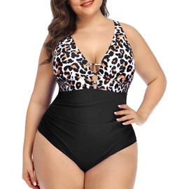 Yonique Women Plus Size One Piece Swimsuit Tummy Control Bathing Suits Lace up Plunge Swimwear Leopard and Black M