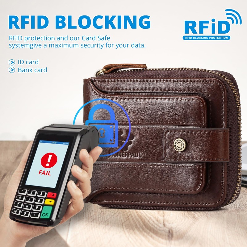 HUMERPAUL Zipper Wallets for Men, Genuine Leather RFID Blocking Bifold