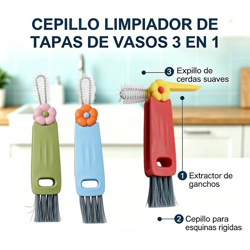 Cepillo de Limpieza 3 en 1 para Tapas de Tazas