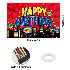 Red Spider Web Happy Birthday Backdrop, 3.3x4.9ft Cartoon Theme City Photo Banner Comic Birthday Party Decoration Anime Wall Decor Sign for Boys Kids Baby Shower Theme Party Supplies