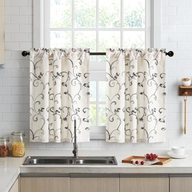VOGOL Kitchen Curtain Valances for Small Windows, Gray Vines Embroidered Faux Linen Tier Curtains Pocket Valances Panel Drapes for Kitchen Bathroom, 30 x 36, 2 Pieces