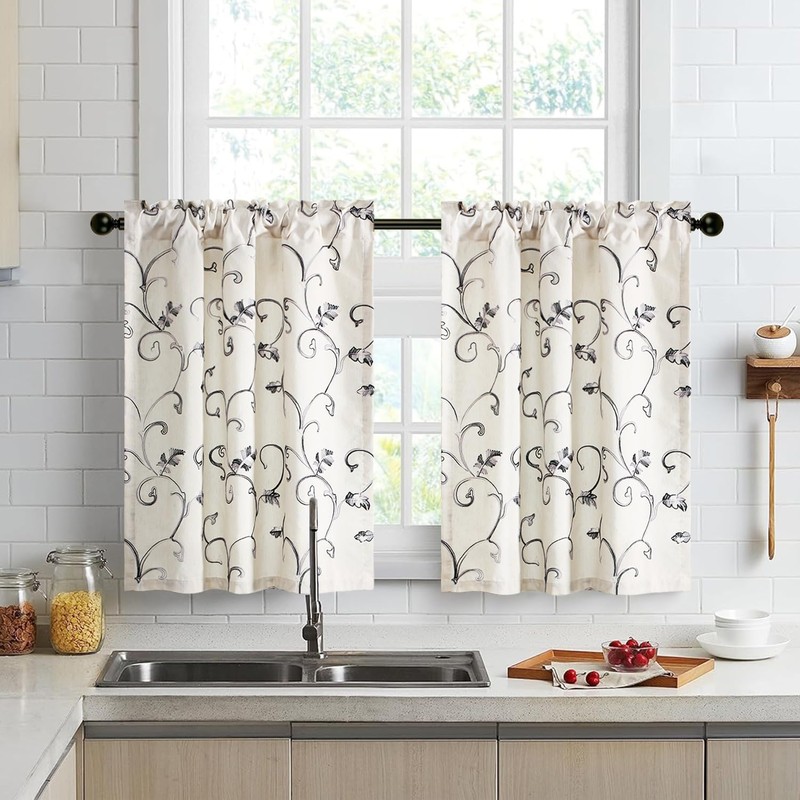 VOGOL Kitchen Curtain Valances for Small Windows, Gray Vines Embroidered