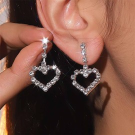 Inilbran Boho Crystal Heart Drop Earrings Silver Rhinestone Love Heart Earrings Vintage Crystal Cz Heart Dangle Earrings Bling Cz Heart Earrings Jewelry for Women and Girls