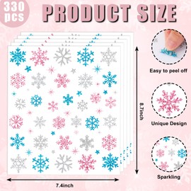 Whaline 330Pcs Winter Glitter Stickers Pink Silver Blue Snowflake Decals Self Adhesive Stickers for Christmas Home Party DIY Crafts Supplies, 10 Sheets
