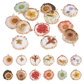 Boutigem 12Pcs Natrual Dried Pressed Flower Resin Charms Transparent Dried Floral Pendants Mixed Color 34-36mm with Flat Round Edge Metal Loop for Necklace Bracelet Jewelry Making, Resin, No Gemstone