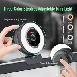 Angetube 60FPS 1080P Webcam with Ring Light - PC Camera with 5X Digital Zoom and Remote Control, Built-in Dual Noise Cancelling Microphones and Privacy Cover for PC, Computer, Laptop, Mac, Desktop