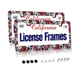Stainless Steel Sugar Skull License Plate Frame Skull License Plate Holder Sugar Skull Car Accessories Day of The Dead Frame Witchy License Plate Frame for Women 12.3" X 6.3"