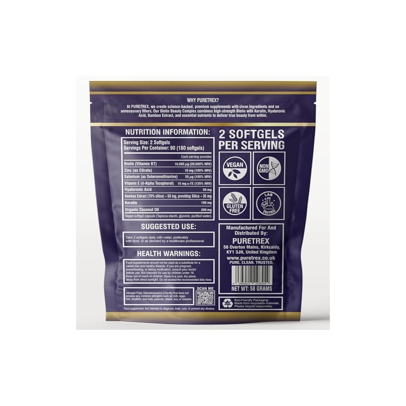 Puretrex Biotin 10, 000mcg Hair Skin and Nails Vitamins, 180