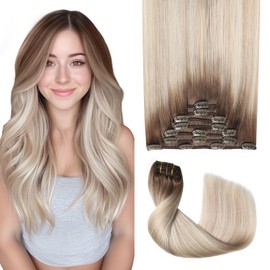 Sweetmet Pro2.0 Clip in Hair Extensions Real Human Hair 22inch 7pcs #8/60/18 Ash Brown to Ash Blonde Mix Platinum Real Hair Extensions Clip in Human Hair 120g（#8/60/18-22inch）