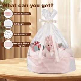 OIAHOMY Gift Basket with Handle, Small Woven Basket with Gift Bag, Ribbon and Wrap Tissue Paper, Nursery Bins Empty to Fill with Small Items, Baby, Pet Toy Organizer - Pink