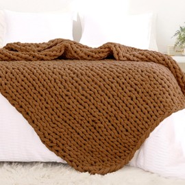 YAAPSU Chunky Knit Blanket Throw 51"x63", Chenille Throw Blankets, Chunky Knitted Throw Blanket for Couch & Bed, Soft Large Knit Throw Blankets Chunky Yarn, Big Thick Cable Knit Blankets (Caramel)