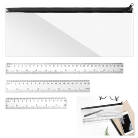 Mantoto Clear Pencil Case with 3 PCS Rulers Large Capacity See Through Pencil Pouch Transparent Long Pencil Case Built-in Plastic Rulers to Fit 30cm Ruler Stationery Ruler Set for Student Exam